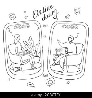 Tablet screens where people communicate through online messenger. Heterosexual couple met on internet app. International marriages and relationships Stock Vector