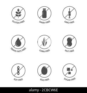 Product free allergen line icons. Natural products labels. GMO free emblems. Organic food and drink stickers. Food intolerance dietary. Healthy eating Stock Vector