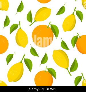 Citrus pattern. Tropic fruit background with lemons and oranges. Vector illustration. Stock Vector