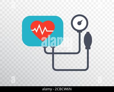 Heart pressure icon in flat style. Arterial blood pressure checking concept. Blood pressure meter isolated on transparent background. Medical examinat Stock Vector