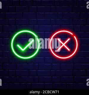 Neon check mark and red cross on brick wall. Accept and reject. Green tick and decline symbol in circle shapes. Right and wrong. Neon design for games Stock Vector