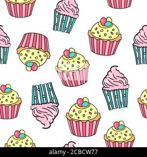 Seamless pattern with different cupcakes on white background. Cupcake background. Sweet pattern for wedding, birhday, greetings cards, web, print. Vec Stock Vector