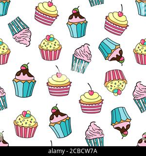 Seamless pattern with cupcakes on a white background. Sweet cakes decorated with cherry, strawberry, glaze and cream. Vector illustration. Stock Vector
