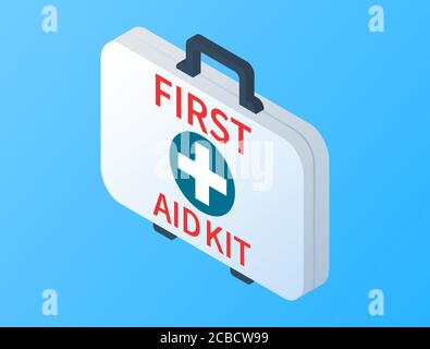 Isometric first aid kit isolated on blue background. Medical examination. Health care design in flat style. First aid kit box with medical equipment f Stock Vector