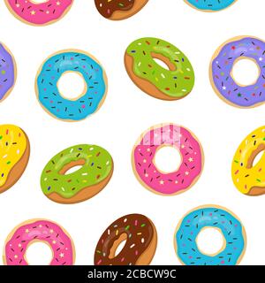 Vector seamless pattern with colorful glazed donuts. Sweet bakery with sprinkles on white background. Stock Vector