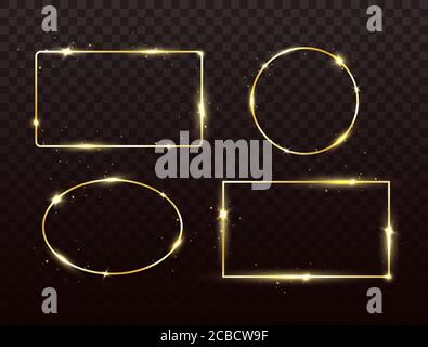 Golden frames set with light effect. Glitter banners on dark transparent background. Gold luxury glowing frames. Bright borders with sparkles and star Stock Vector