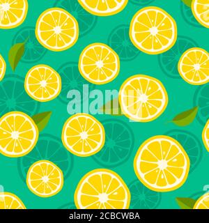 Lemon background. Fresh tropic fruit pattern on green background. Vector illustration. Stock Vector