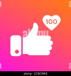 Like, thumbs up icon on gradient background. Icon like 100. Social network symbol. Counter notification icon. Social media element. Message bubble. Em Stock Vector