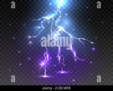 Realistic lightning on transparent background. Glowing effect. Thunder bolt design. Vector illustration. Stock Vector