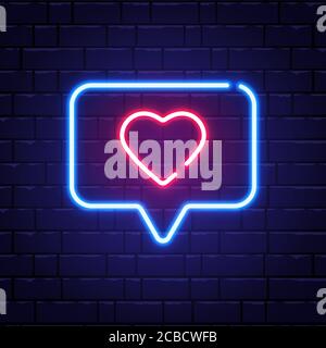Heart neon sign. Neon like in speech bubble on brick wall. Romantic light banner. Bright night neon signboard. Romantic design for Valentines Day. Vec Stock Vector