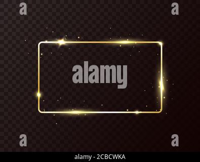 Golden frame with light effect. Shining rectangle banner on dark transparent background. Gold luxury glowing frame. Bright border with sparkles and st Stock Vector