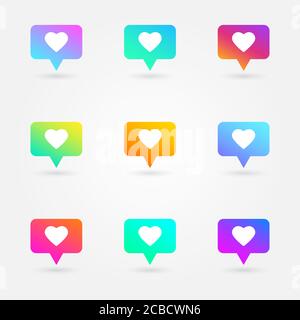 Like and heart icons set. Social network symbol. Counter notification icons. Social media elements. Bright gradients collection. Emoji reactions. Vect Stock Vector