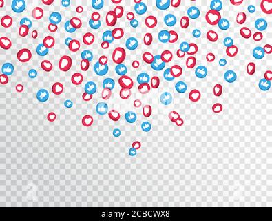 Like and thumbs up icons falling on transparent background. 3d social network symbol. Counter notification icons. Social media elements. Emoji reactio Stock Vector