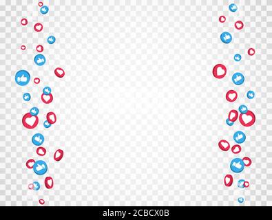 Like and thumbs up icons frame. Social media elements falling on transparent background. 3d social network symbol. Counter notification icons frame. E Stock Vector