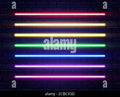 Neon lines collection on brick wall. Realistic led neon tube set. Rainbow borders. Bright design elements for advertising, night party, game, web. Shi Stock Vector