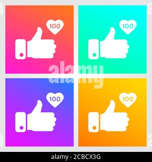 Like, thumbs up icons set on gradient background. Icon like 100. Social network symbol. Social media element. Message bubble. Vector illustration. Stock Vector