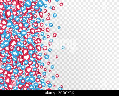 3d like and thumbs up icons for live stream, video chat. Social network symbol falling on transparent background. Counter notification. Social media e Stock Vector