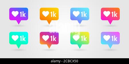 Like and heart icons set. Social network symbol. Icon like 1000. Counter notification icons. Social media elements. Message bubble in bright gradients Stock Vector