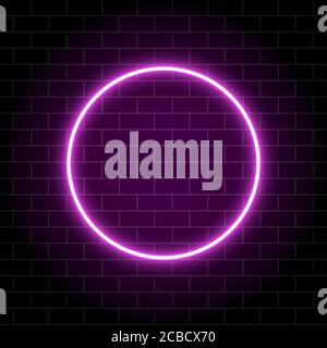 Neon circle lamp isolated on brick wall. Pink glowing circle bulb. Sparkling circle banner with place for text. Modern neon design. Colorful festive f Stock Vector