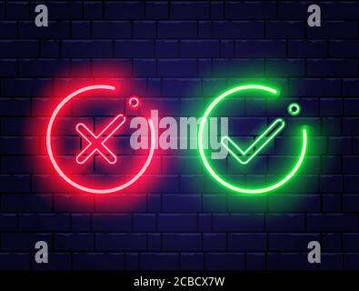 Neon check mark and red cross on brick wall. Green tick and decline symbol in circle shapes. Accept and reject. Right and wrong. Bright neon design fo Stock Vector