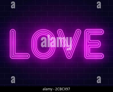 Neon love text on a brick wall. Valentines day background with purple glowing neon signboard with glowing backlight. Love lettering. Realistic 3d neon Stock Vector