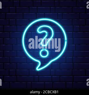 Neon question mark in speech bubble. Glowing blue question sign. Color neon banner on brick wall. Realistic bright night signboard. Shining neon effec Stock Vector