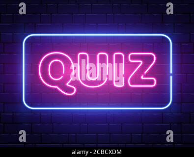Quiz neon text banner on brick wall. Questions team game. Quiz night poster. Pub neon signboard. Night bright advertising. Vector illustration. Stock Vector