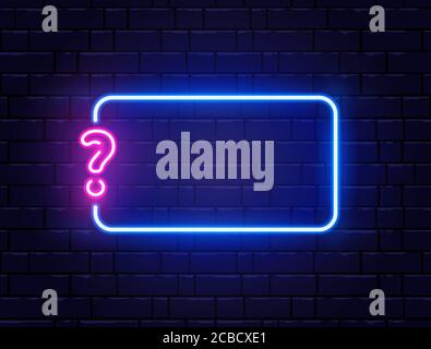 Neon quiz banner. Glowing question mark. Color neon banner on brick wall. Realistic bright night signboard. Shining neon effect. Vector illustration. Stock Vector