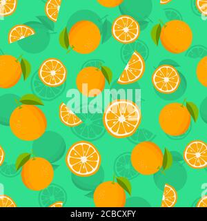 Seamless pattern with oranges and leaves. Citrus background with juicy oranges. Vector illustration. Stock Vector
