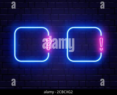 Neon quiz banner set. Glowing question and exclamation mark. Color neon banner on brick wall. Realistic bright night signboard. Shining neon effect. V Stock Vector