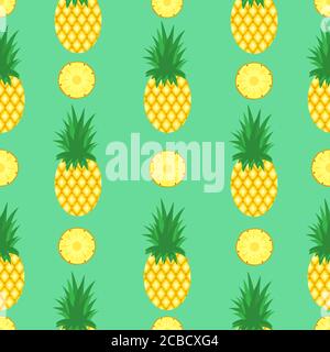 Seamless pattern with pineapples and pineapple slices on mint green background. Pineapple background. Bright tropic fruits illustration. Stock Vector