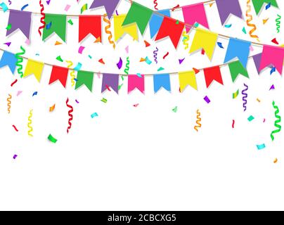 Party background with colorful flags and confetti. Party flags on white background. Vector illustration. Stock Vector