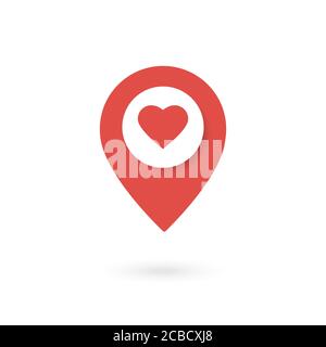 Red location pin icon with heart shape. Position marker isolated on white background. Pin map design element. Location symbol. Vector illustration. Stock Vector