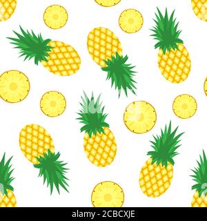 Pineapple background. Fresh pineapples and slices of pineapples on white background. Tropical fruit pattern. Vector illustration. Stock Vector
