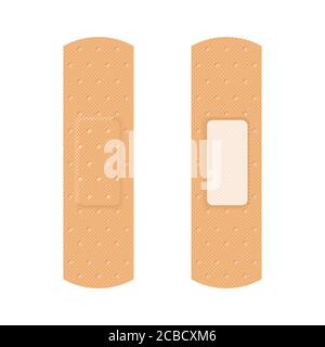 Adhesive plasters set on white background. Realistic medical plasters with two sides. First aid kit concept. Health care. Medical tape, bandage, prote Stock Vector