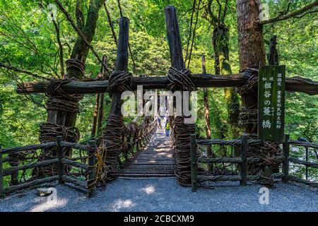 The Iya No Kazurabashi, a rather daunting tree vine suspension bridge over the Iya River.  This ancient vine bridge is suspended between a valley, sur Stock Photo