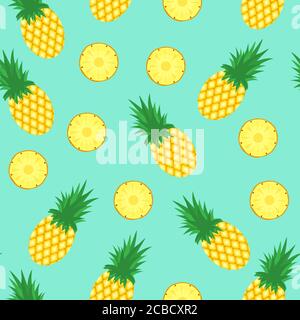Seamless pattern with pineapples. Pineapple and slices of pineapple on blue background. Bright summer fruits illustration. Fruit design for fabric and Stock Vector