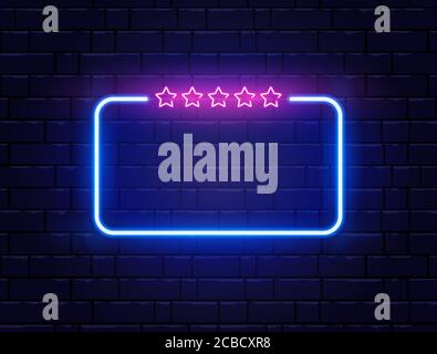 Neon frame with five stars. Neon quiz banner on brick wall. Star rating. Shining signboard. Night bright advertising. Color neon banner. Vector illust Stock Vector