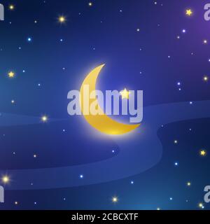 Night sky background. Ramadan Kareem festival banner. Half moon and stars in midnight. Blue shining space universe. Starry space wallpaper. Vector ill Stock Vector