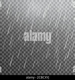 Realistic rain on transparent background. Rainfall texture. Falling water drops. Rain storm. Rainy cloudy backdrop. Vector illustration. Stock Vector