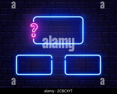 Quiz neon banner set. Glowing question mark. Color neon frames on brick wall. Realistic bright night signboard. Shining neon effect. Vector illustrati Stock Vector
