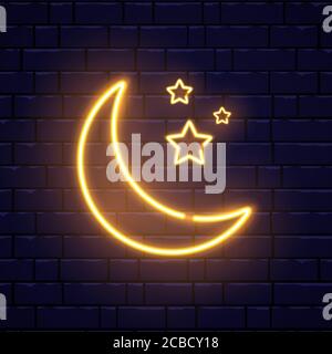 Neon golden crescent and stars. Ramadan Kareem neon sign on brick wall. Glorious month of Muslim year light banner. Vector illustration. Stock Vector
