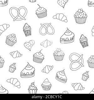 Seamless pattern with sweets, pies, cupcakes, ice cream and bakery products Vector illustration. Stock Vector