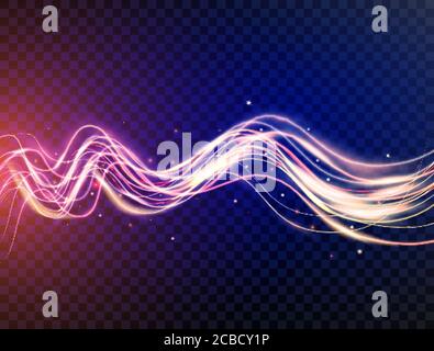 Futuristic waves in speed motion. Blue and violet wavy dynamic lines with sparkles on transparent background. Magic light. Glowing swirl trail. Light Stock Vector