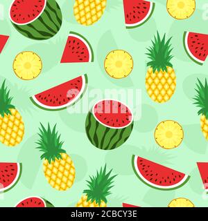 Seamless pattern with tropical fruits. Pineapple and watermelon background. Vector design for t-shirt apparel textile wrapping. Stock Vector
