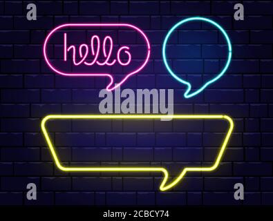 Neon speech bubbles set with space for text. Hello neon lettering. Realistic color neon banners isolated on brick wall background. Glowing night signb Stock Vector