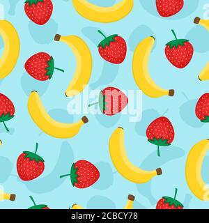 Seamless pattern with yellow bananas and red strawberries. Cute vector background. Fruits illustration on blue background. Stock Vector