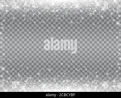 Shining snow border. Snow falling on transparent background. Merry Christmas card. Magic snowfall. Winter design elements for card, poster. Vector Stock Vector