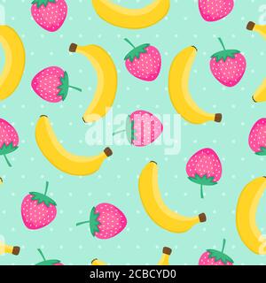 Seamless pattern with yellow bananas and pink strawberries. Cute vector background. Fruit illustration on mint background with polka dots. Vector Stock Vector