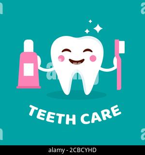 Smiling tooth with toothbrush and toothpaste. Teeth care concept. Cute tooth with happy emoji. Teeth character in flat cartoon style. Vector Stock Vector